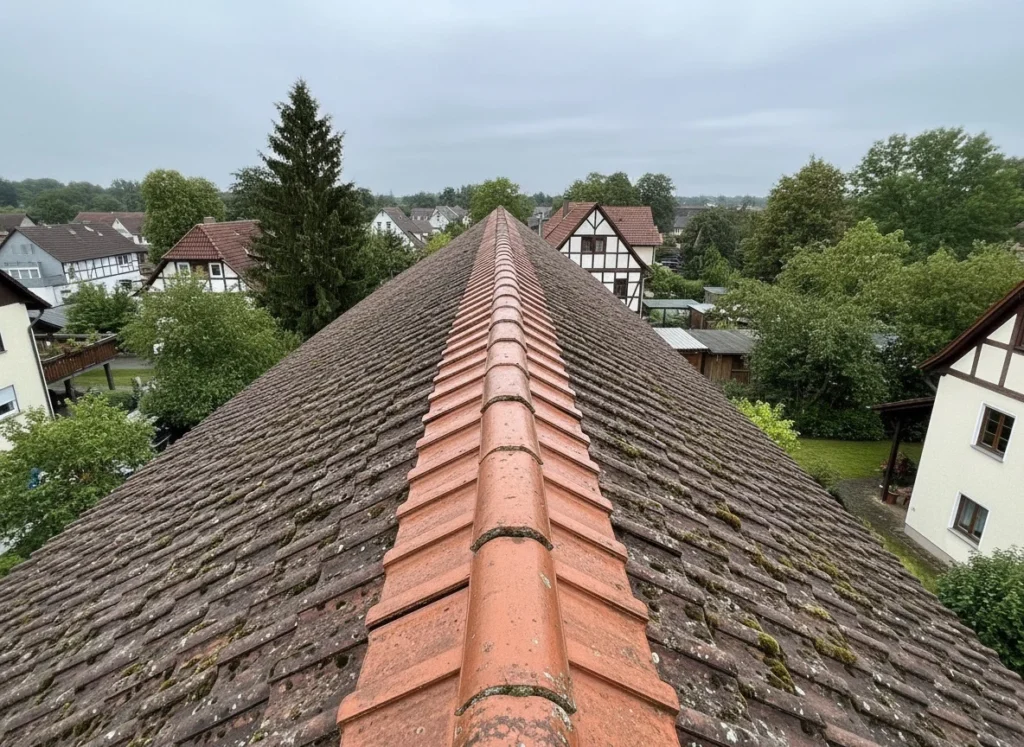 Blick über den First eines Ziegeldachs, die Dachflächen beidseitig dunkel von Moos und Flechten
