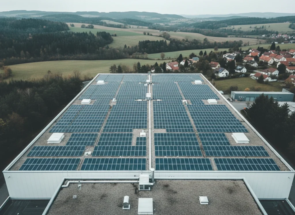 Luftaufnahme einer Dachanlage mit Solarmodulen in Reihen
