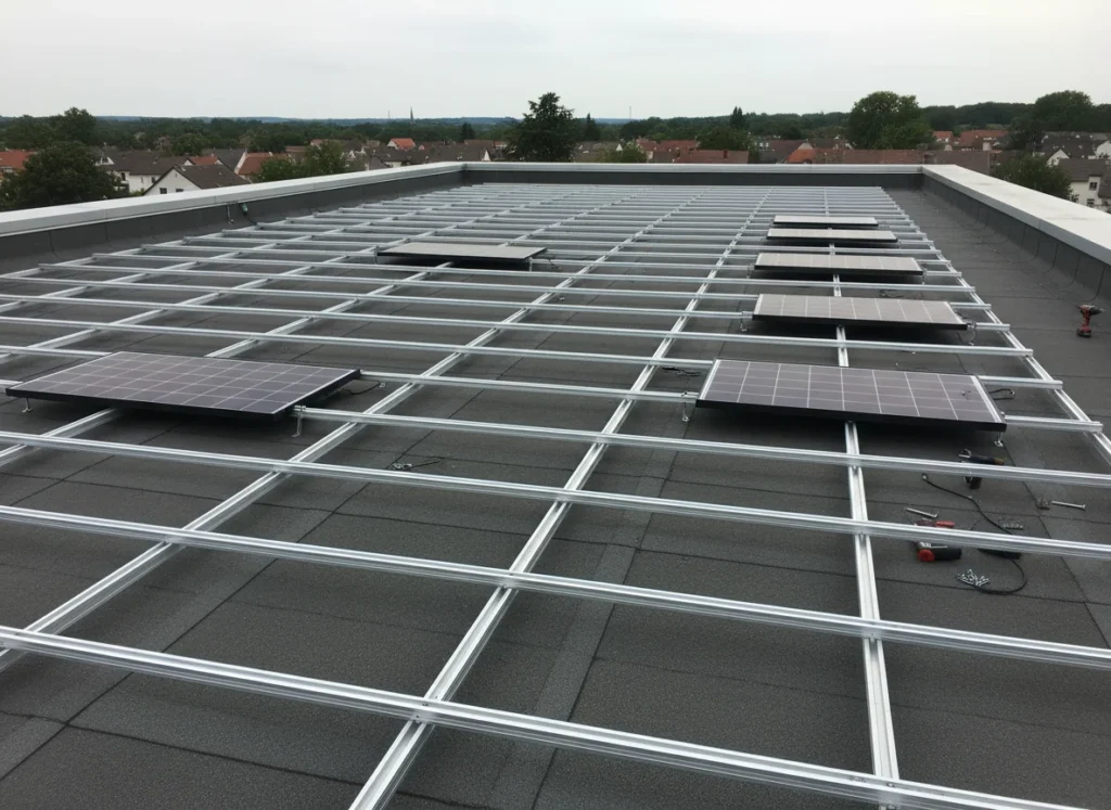 Montageschienen und Solarmodule bei der Montage auf einem Flachdach