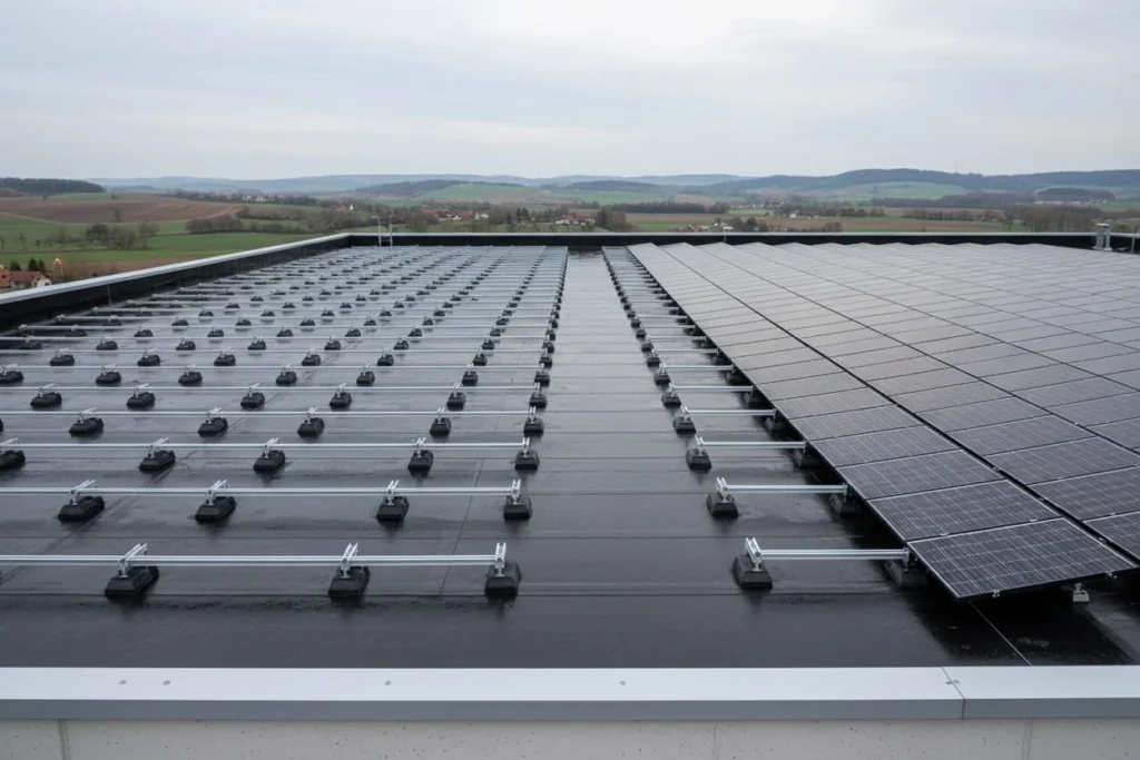 Flachdach mit teilweise abgebauter Photovoltaikanlage, leere Aufständerung mit Ballastwannen