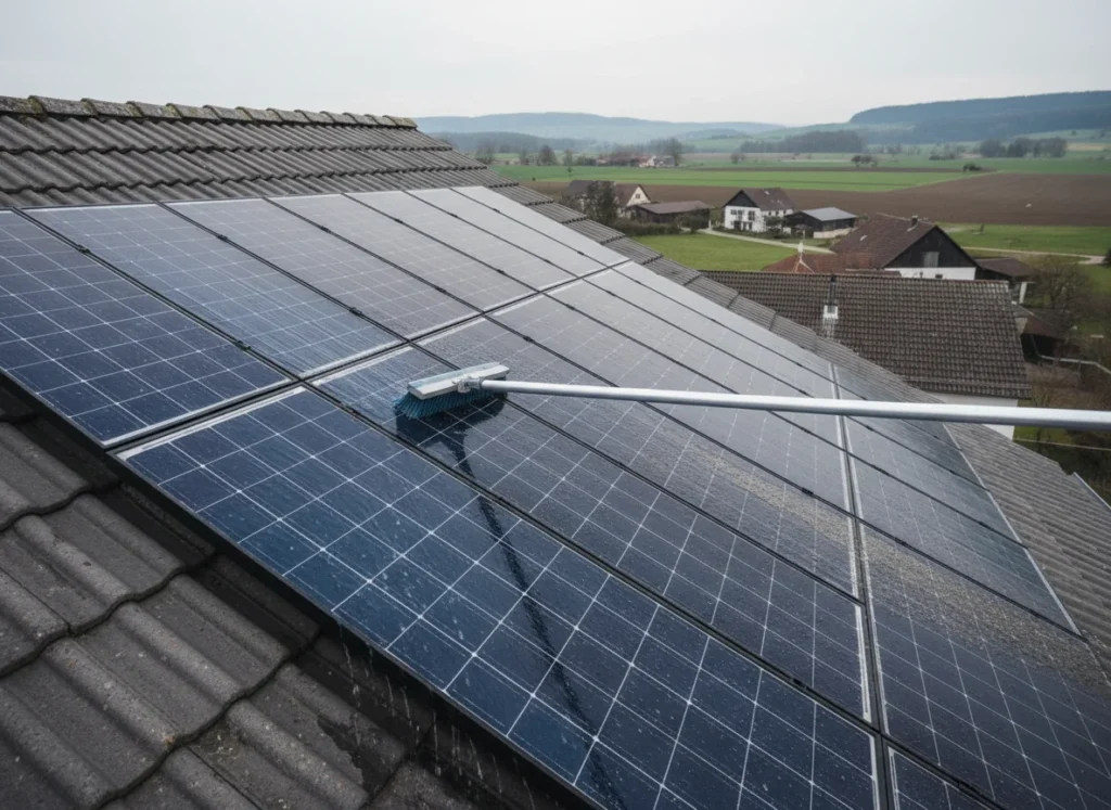 Solarmodule auf einem Schrägdach werden mit Wasser und Bürste gereinigt