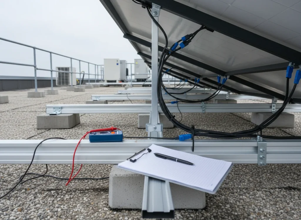 Messgerät und Prüfprotokoll vor der Unterseite eines Solarmoduls mit Steckverbindungen auf einem Flachdach