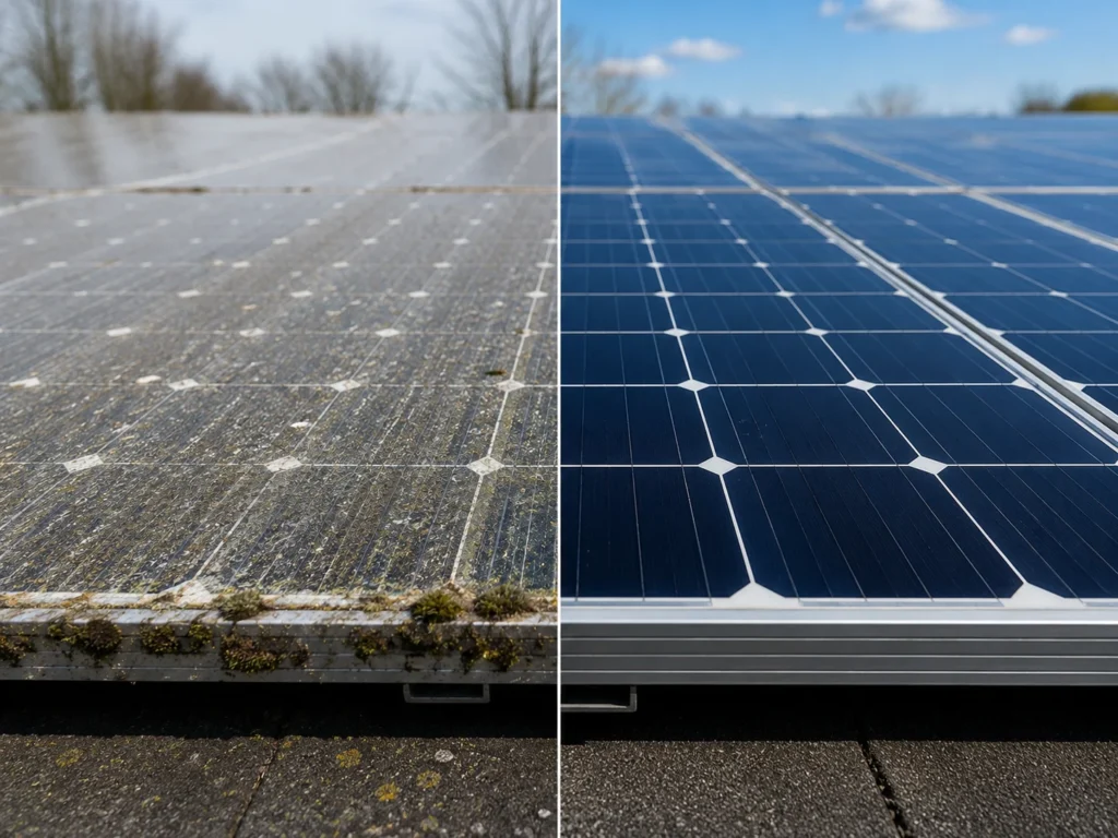 Vergleich: verschmutztes Solarmodul mit Moos an der Unterkante neben einem gereinigten Modul
