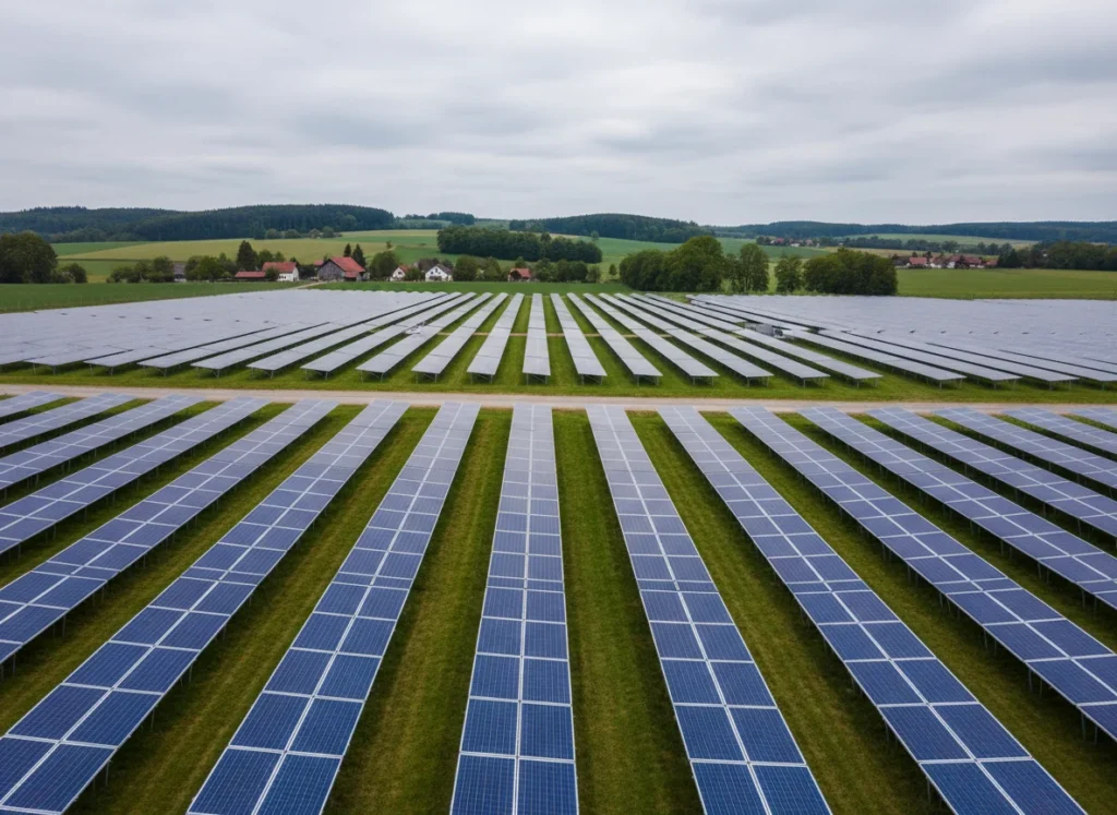 Reihen von Solarmodulen einer Freiflächenanlage mit Servicegasse
