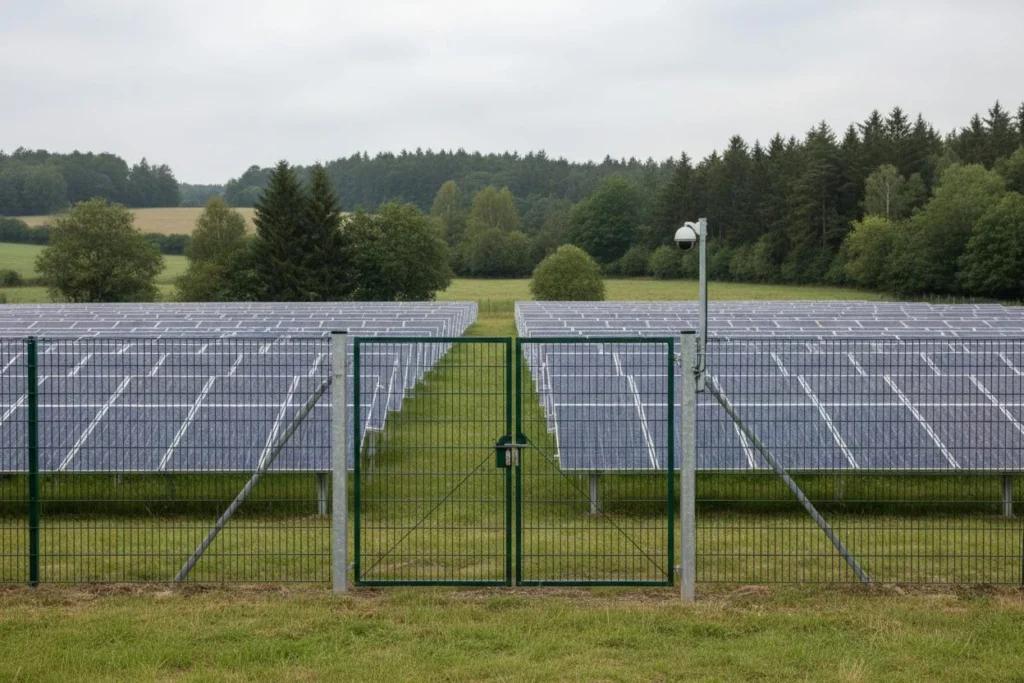 Zaun mit geschlossenem Tor vor einer Photovoltaik-Freiflächenanlage, Überwachungskamera am Mast