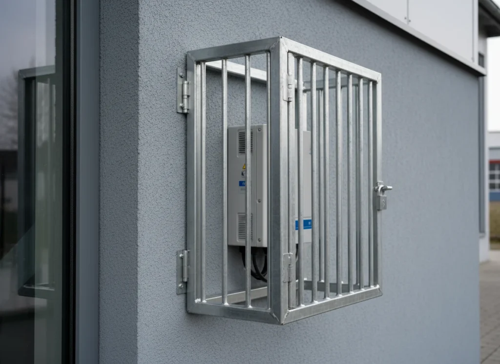 Schutzgitter aus verzinktem Stahl vor einem Wechselrichter an der Gebäudewand
