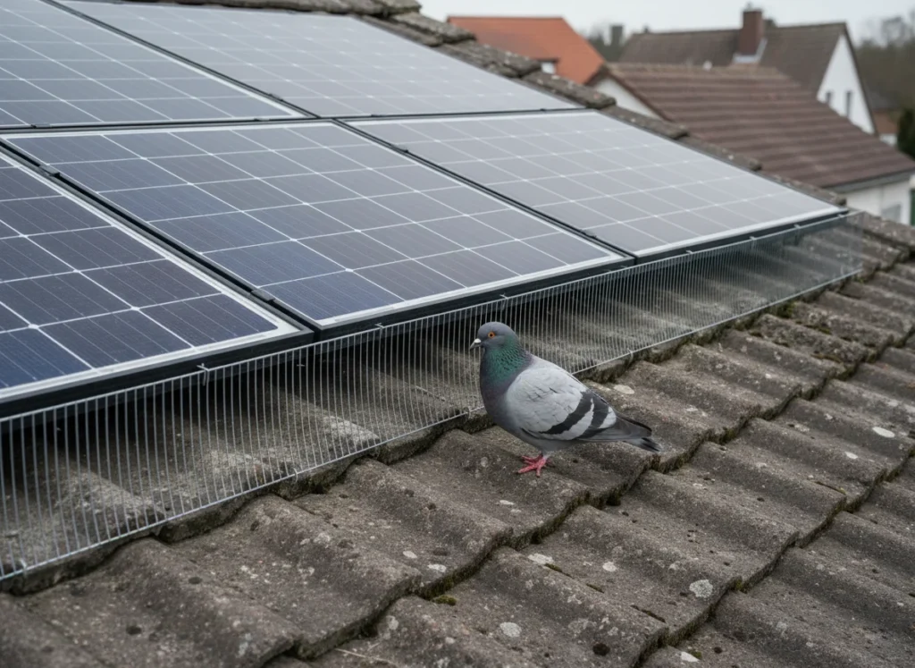 Schutzgitter an der Unterkante von Solarmodulen, davor eine Taube auf dem Dach